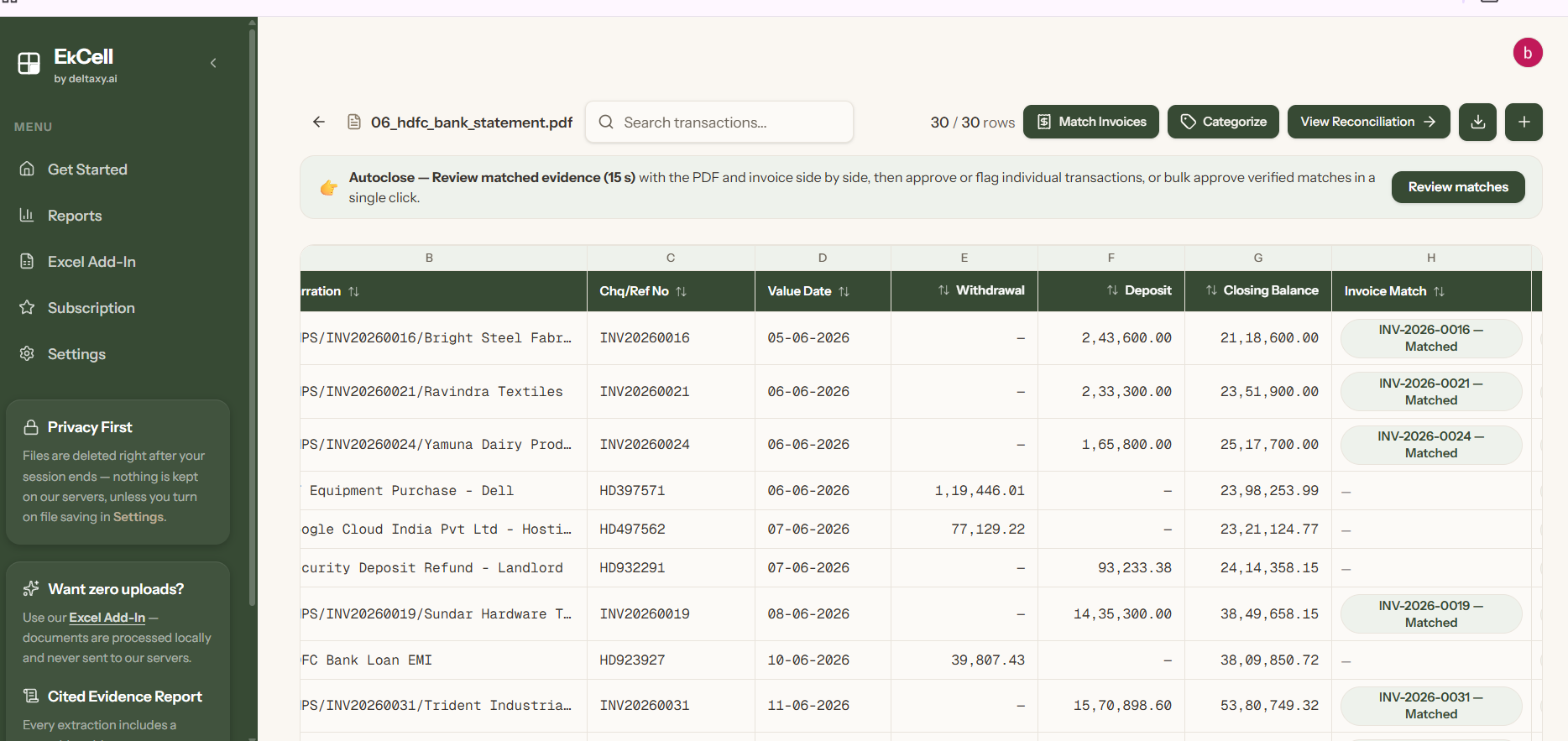 EkCell invoice matching view showing transactions linked to invoice numbers, with an Autoclose review banner and Review matches button